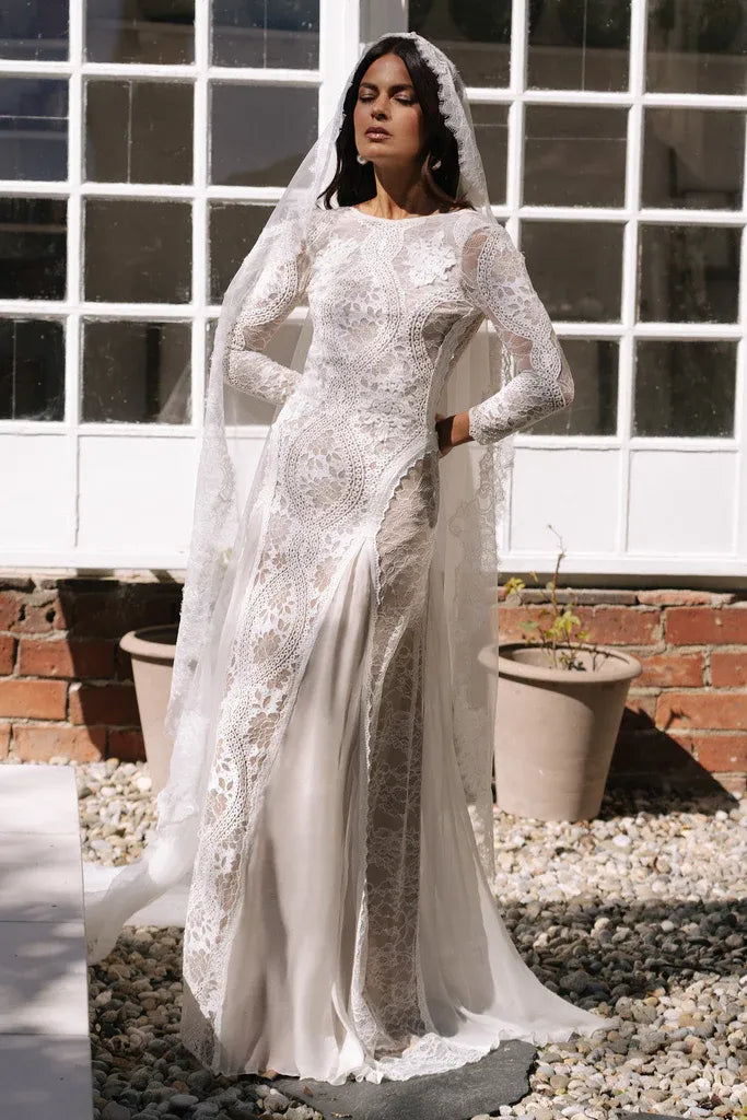 Modern Elegant Bohemian Long Sleeve Lace Brush Train Wedding Dress with Open Back & High Slit