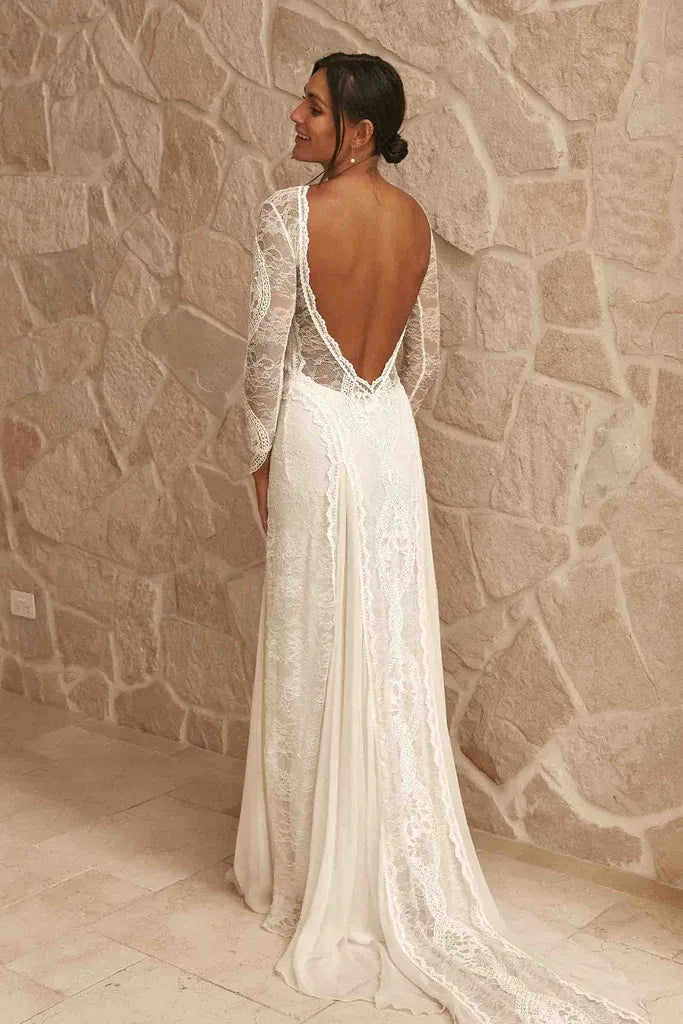 Modern Elegant Bohemian Long Sleeve Lace Brush Train Wedding Dress with Open Back & High Slit