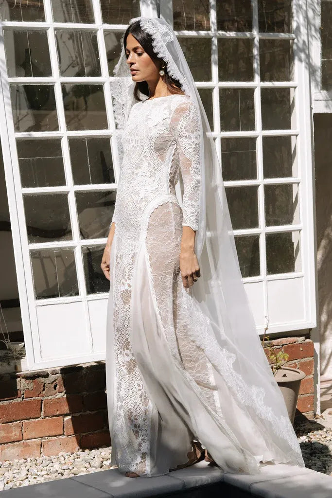 Modern Elegant Bohemian Long Sleeve Lace Brush Train Wedding Dress with Open Back & High Slit