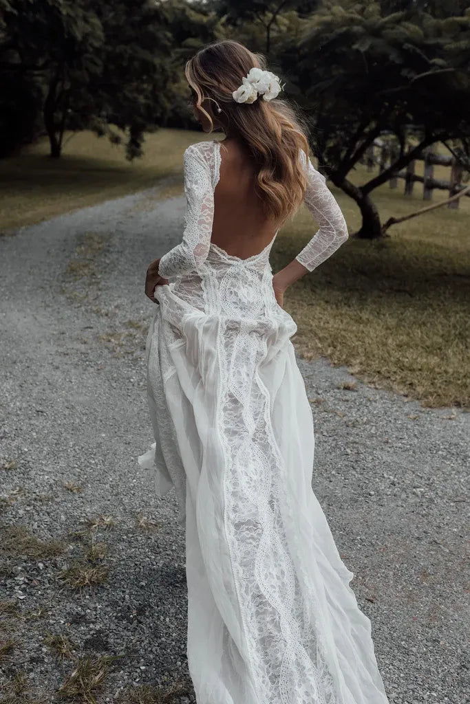Modern Elegant Bohemian Long Sleeve Lace Brush Train Wedding Dress with Open Back & High Slit