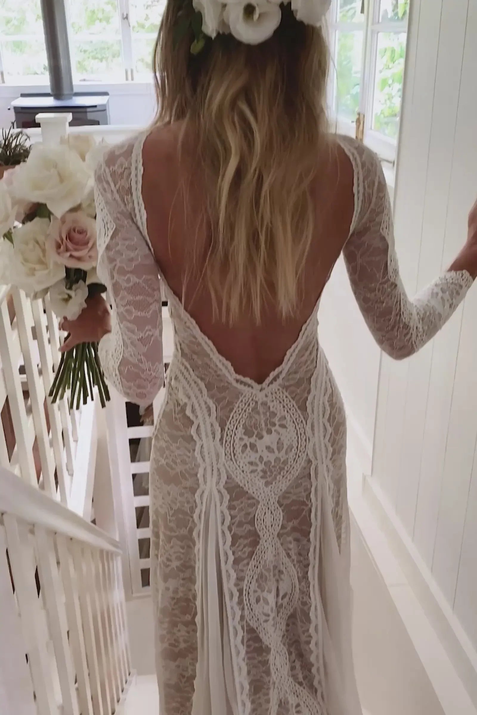 Modern Elegant Bohemian Long Sleeve Lace Brush Train Wedding Dress with Open Back & High Slit