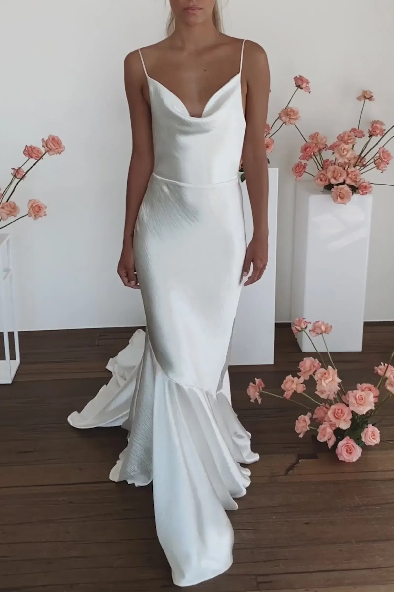 Modern Elegant Brush Train Satin Cowl Neck Mermaid Wedding Dress with Bow Back & Flounce Hem