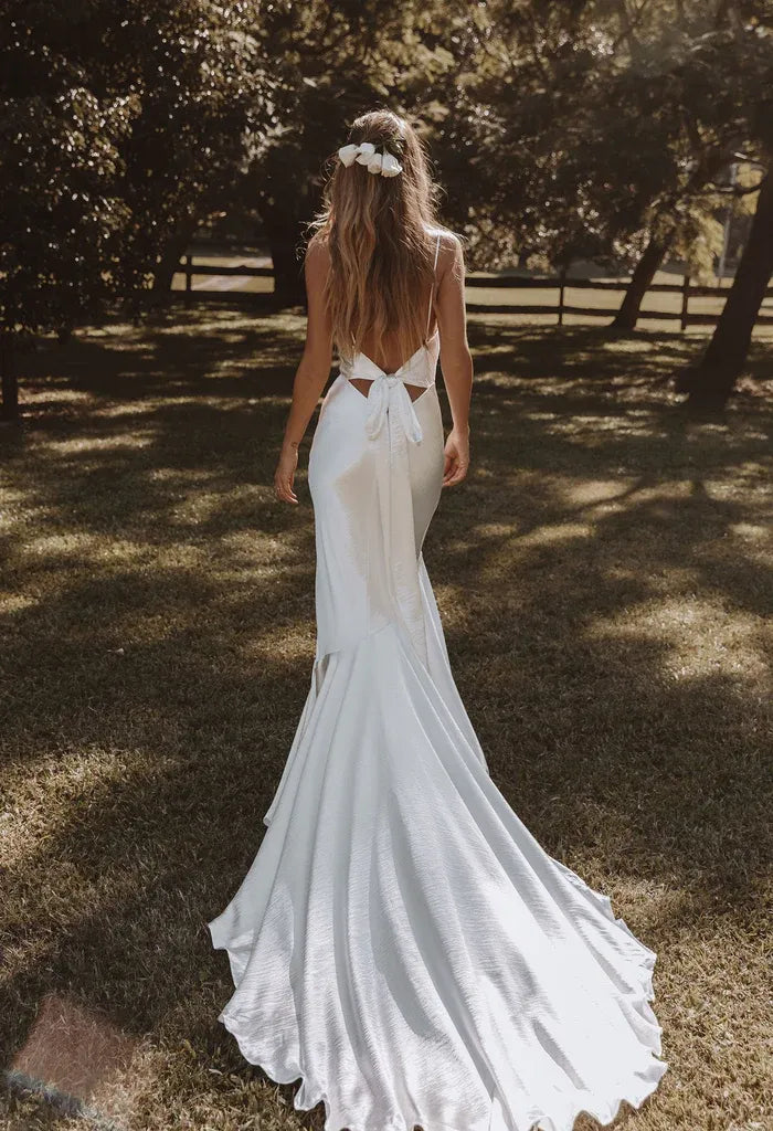 Modern Elegant Brush Train Satin Cowl Neck Mermaid Wedding Dress with Bow Back & Flounce Hem