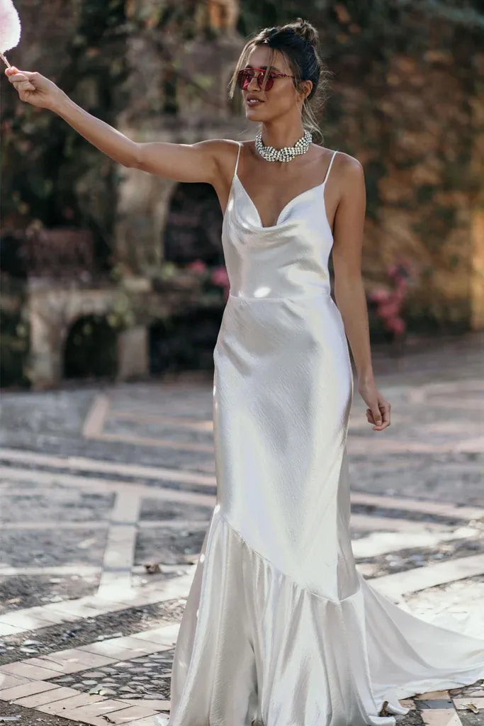 Modern Elegant Brush Train Satin Cowl Neck Mermaid Wedding Dress with Bow Back & Flounce Hem