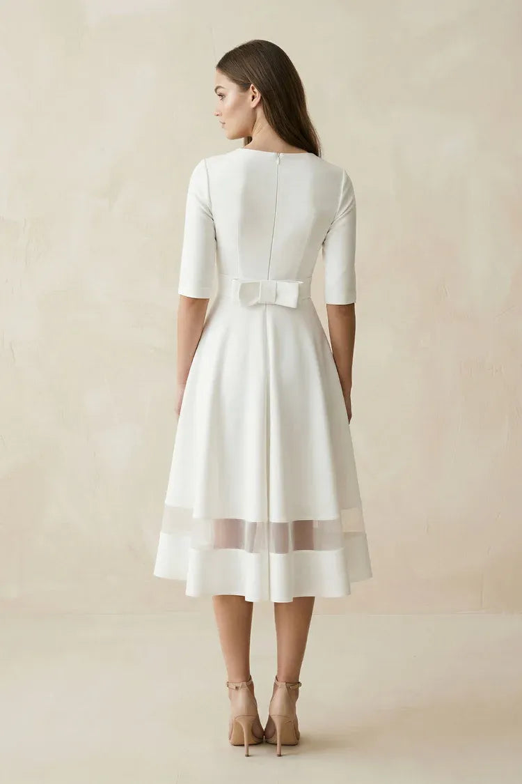 Modern Elegant Gorgeous Crepe Fit-and-Flare Midi Tea-Length Wedding Dress with Sheer Hem Panel