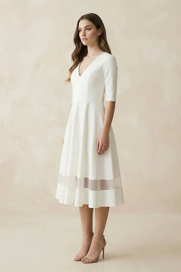 Modern Elegant Gorgeous Crepe Fit-and-Flare Midi Tea-Length Wedding Dress with Sheer Hem Panel