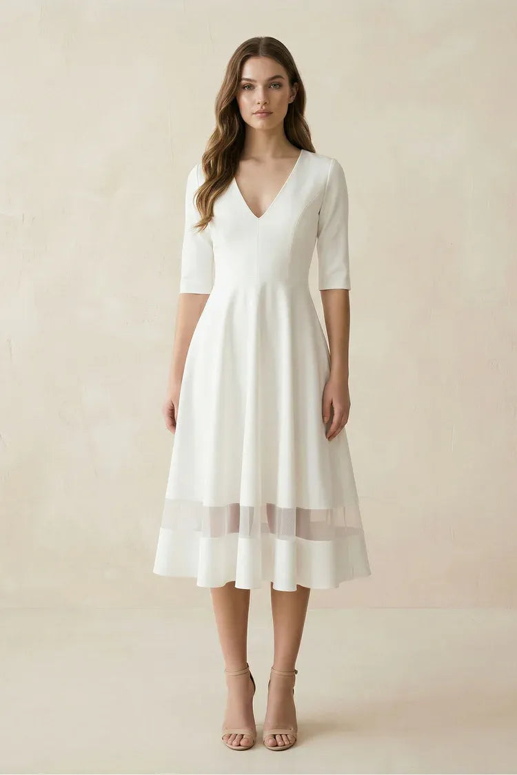 Modern Elegant Gorgeous Crepe Fit-and-Flare Midi Tea-Length Wedding Dress with Sheer Hem Panel