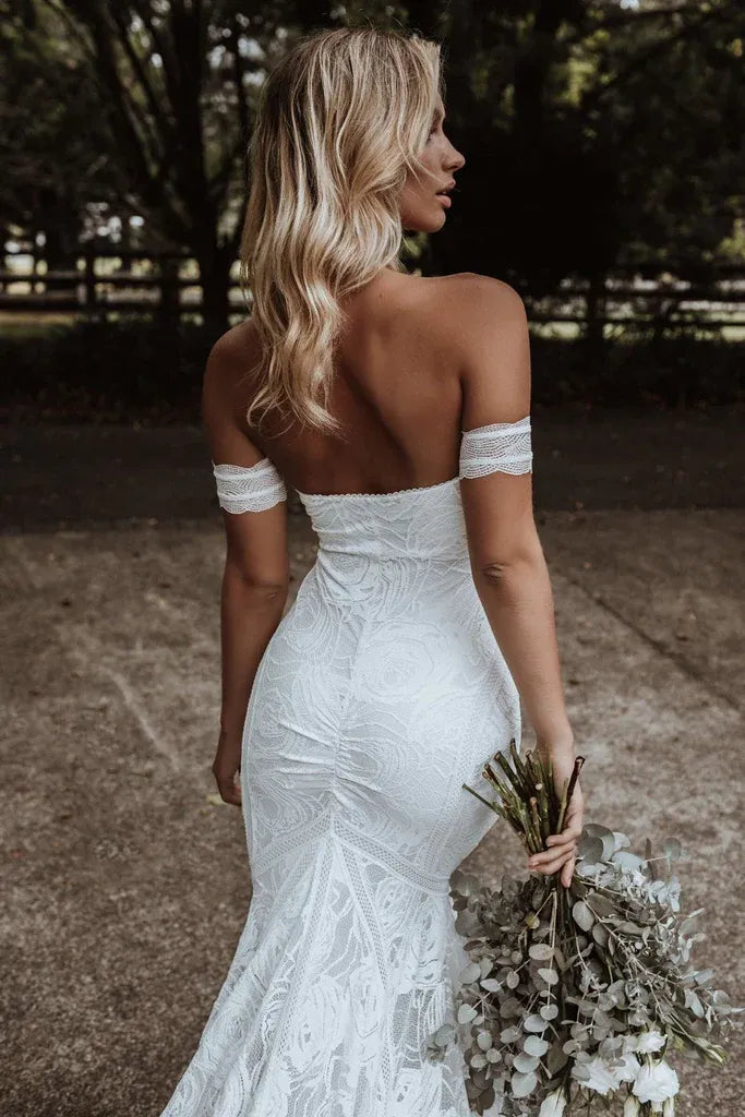 Modern Elegant Gorgeous Off-the-Shoulder Rose Lace Mermaid Wedding Dress with Flounced Sleeves