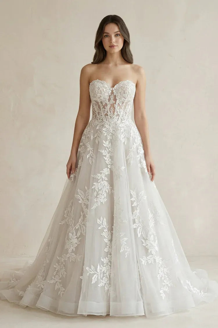 Modern Elegant Gorgeous Strapless Floral Lace A-Line Floor-Length Wedding Dress with Corset Bodice