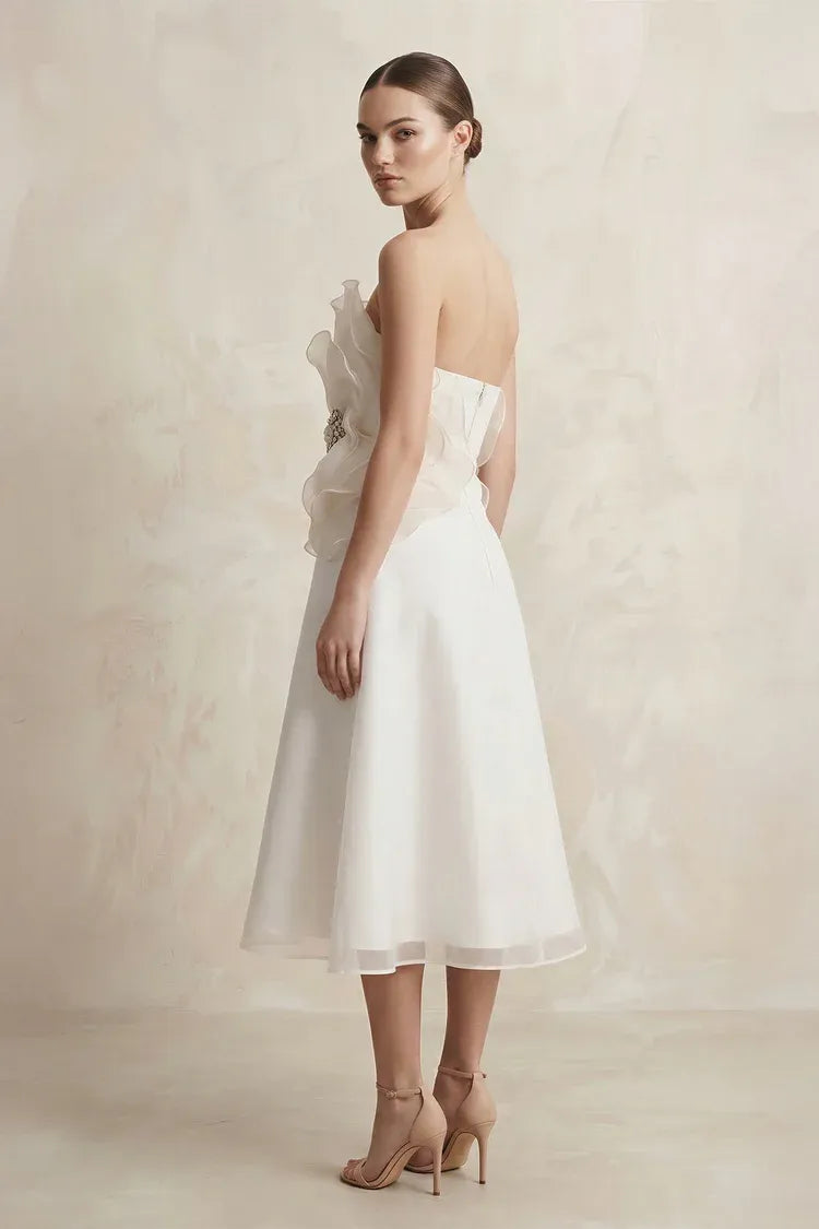 Modern Elegant Gorgeous Strapless Organza Midi Tea-Length Wedding Dress with Floral Appliques