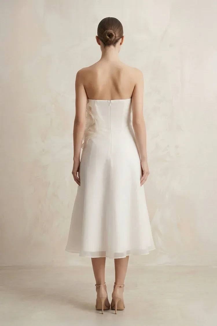 Modern Elegant Gorgeous Strapless Organza Midi Tea-Length Wedding Dress with Floral Appliques