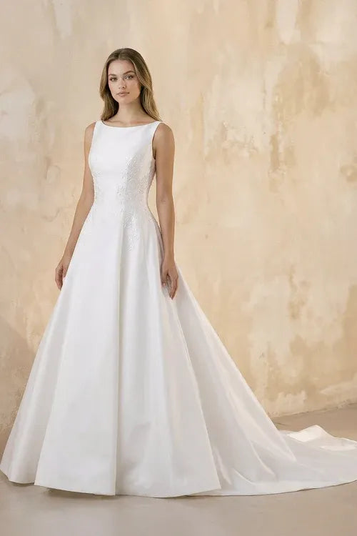 Modern Elegant Gorgeous rush Train Satin A-Line Wedding Dress with Bateau Neckline & Keyhole Back