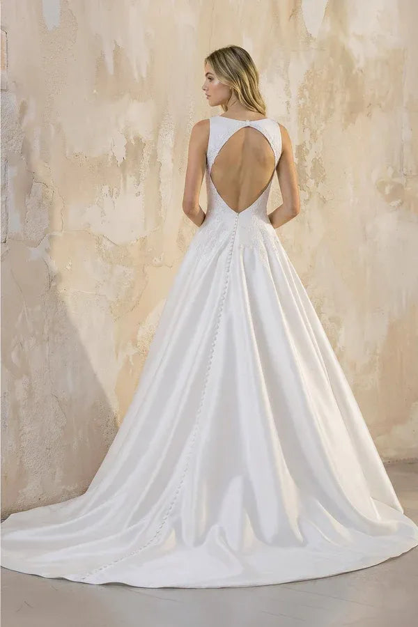 Modern Elegant Gorgeous rush Train Satin A-Line Wedding Dress with Bateau Neckline & Keyhole Back