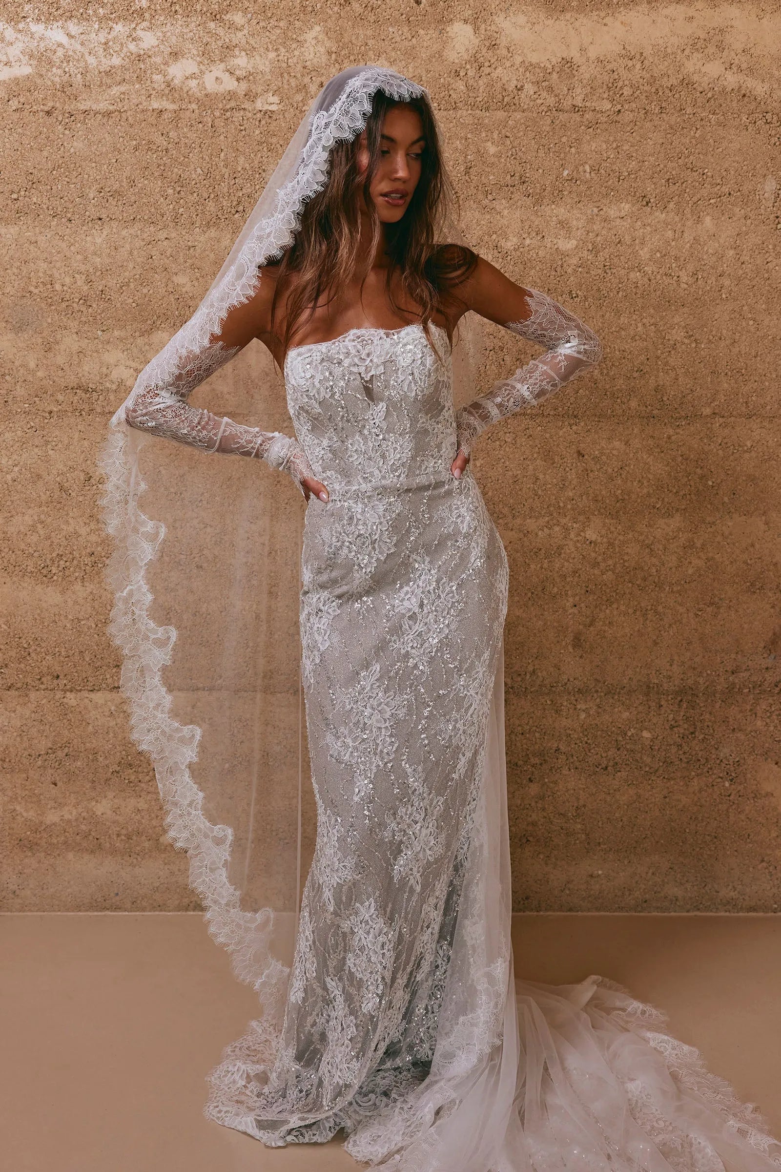Modern Elegant Strapless Sparkling Lace Mermaid Wedding Dress with Detachable Sleeves & Bow Train