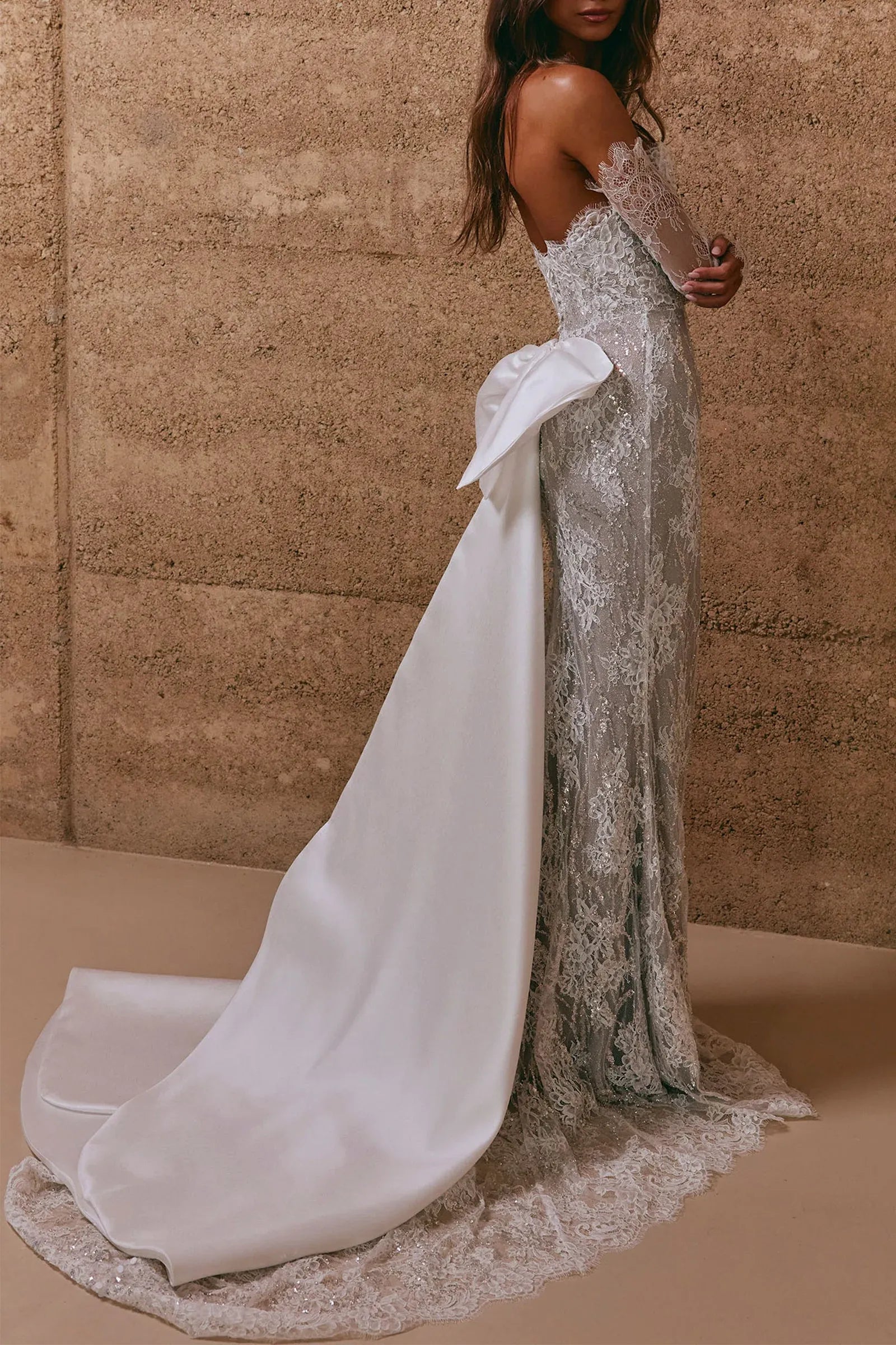 Modern Elegant Strapless Sparkling Lace Mermaid Wedding Dress with Detachable Sleeves & Bow Train