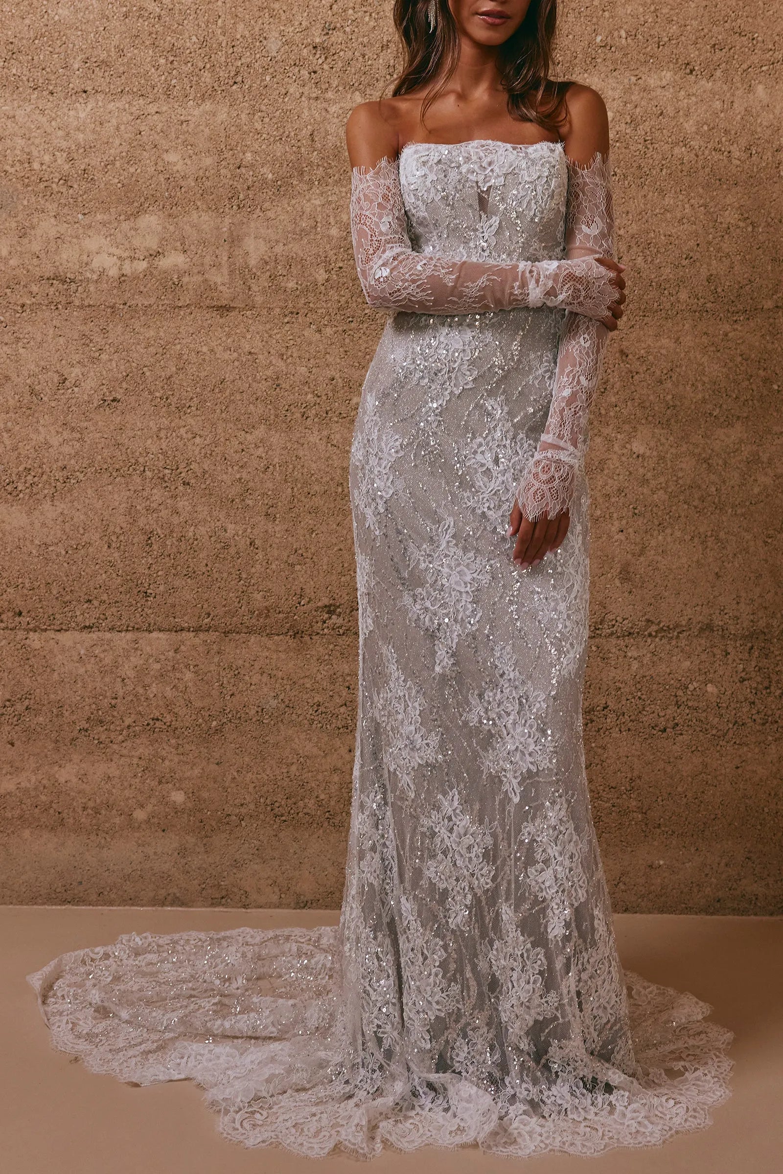Modern Elegant Strapless Sparkling Lace Mermaid Wedding Dress with Detachable Sleeves & Bow Train