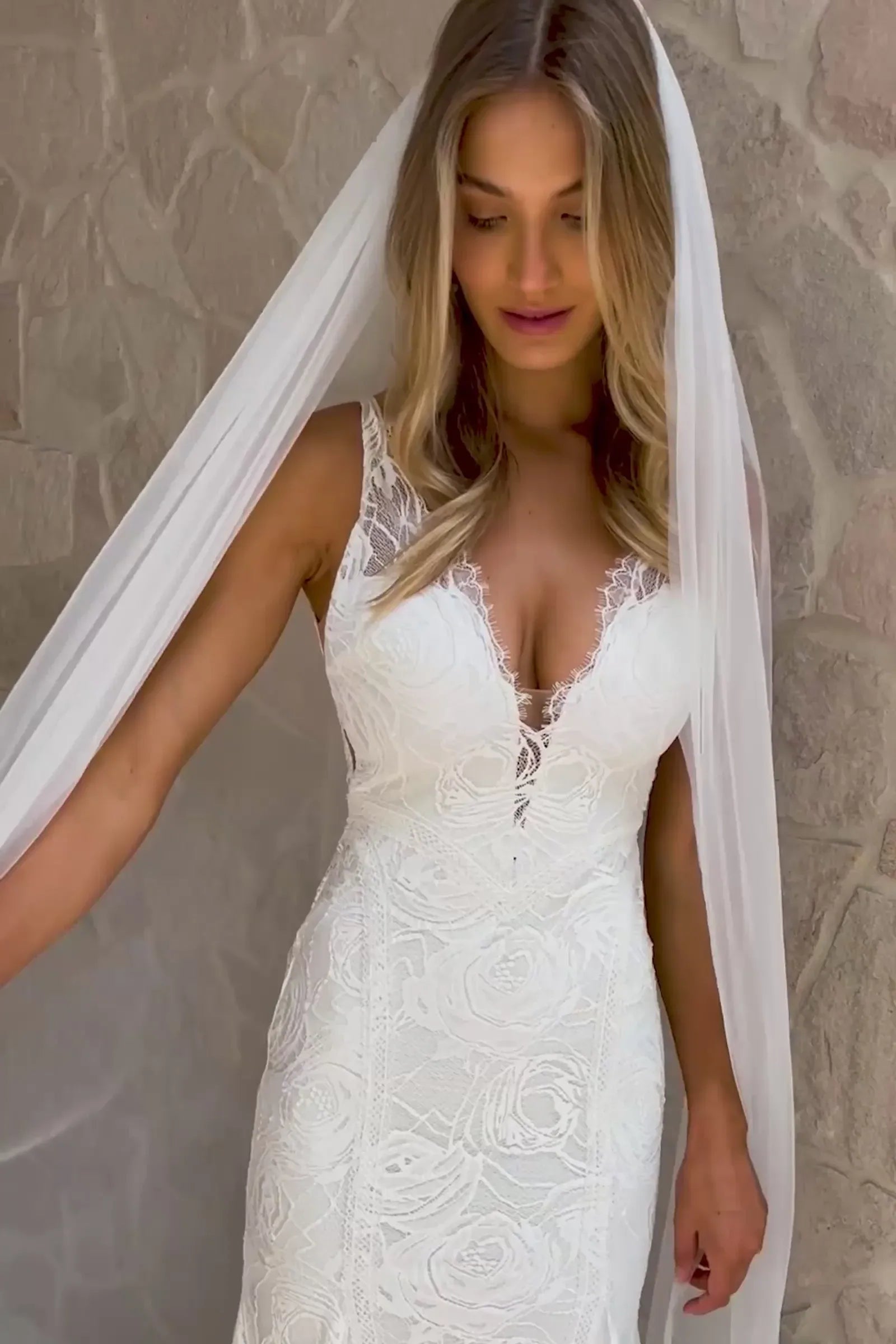 Modern Elegant V-Neck Floral Lace Mermaid Wedding Dress with Sheer Straps & Open Back