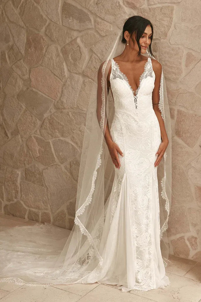 Modern Elegant V-Neck Floral Lace Mermaid Wedding Dress with Sheer Straps & Open Back
