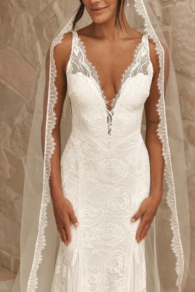 Modern Elegant V-Neck Floral Lace Mermaid Wedding Dress with Sheer Straps & Open Back