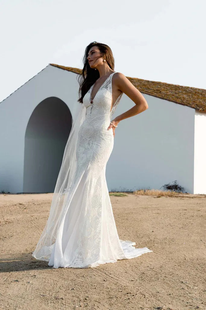 Modern Elegant V-Neck Floral Lace Mermaid Wedding Dress with Sheer Straps & Open Back
