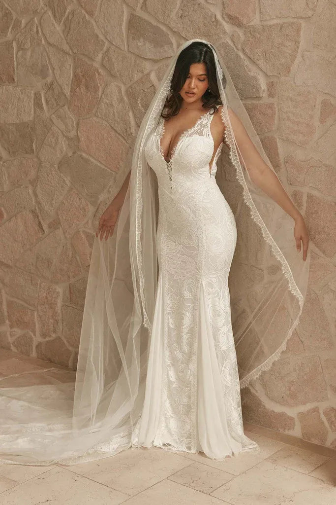 Modern Elegant V-Neck Floral Lace Mermaid Wedding Dress with Sheer Straps & Open Back