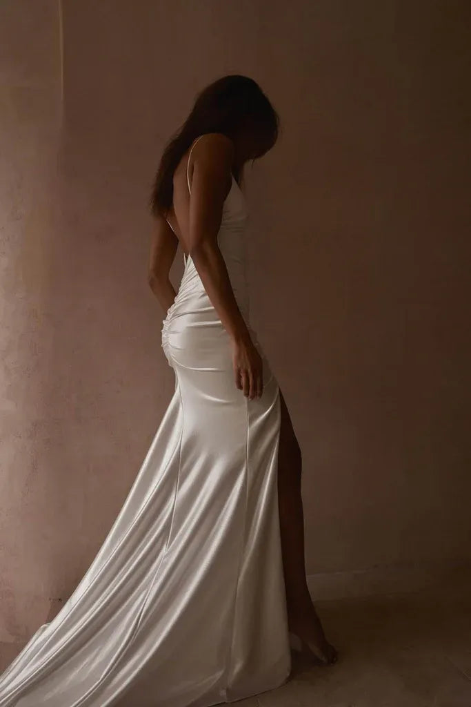Modern Elegant V-Neck Satin Spaghetti Straps Mermaid Wedding Dress with Ruched Bodice & High Slit