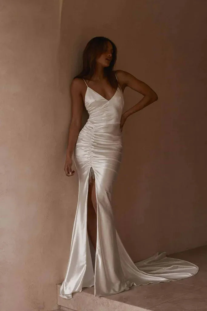 Modern Elegant V-Neck Satin Spaghetti Straps Mermaid Wedding Dress with Ruched Bodice & High Slit