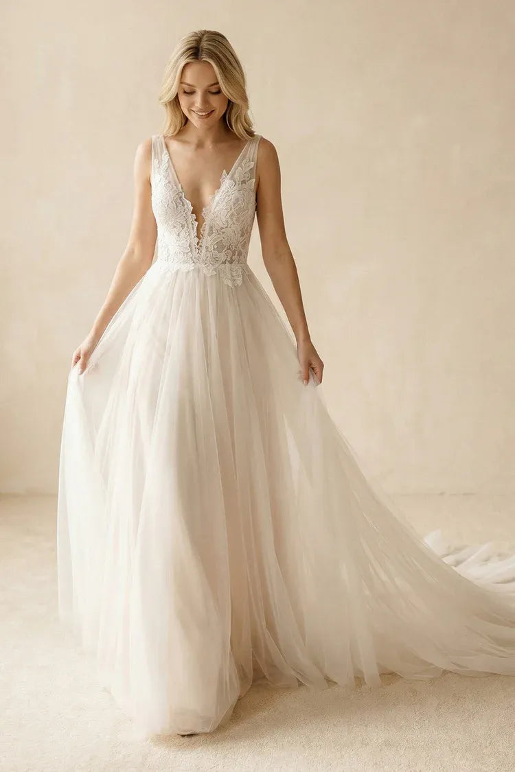 Modern Fashion Ball Gown Ankle-Length V-Neck Lace A-Line Wedding Dress with Sheer Back