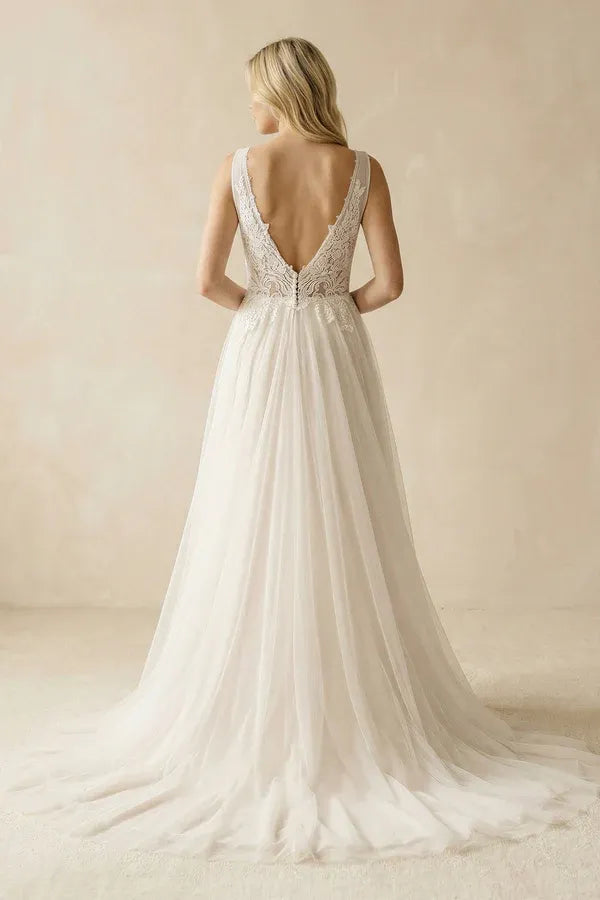 Modern Fashion Ball Gown Ankle-Length V-Neck Lace A-Line Wedding Dress with Sheer Back