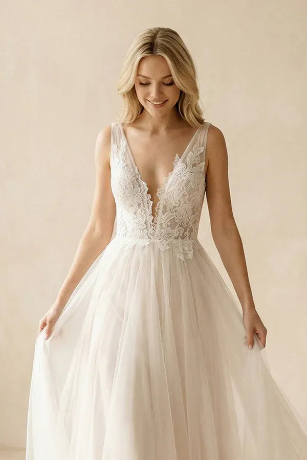 Modern Fashion Ball Gown Ankle-Length V-Neck Lace A-Line Wedding Dress with Sheer Back