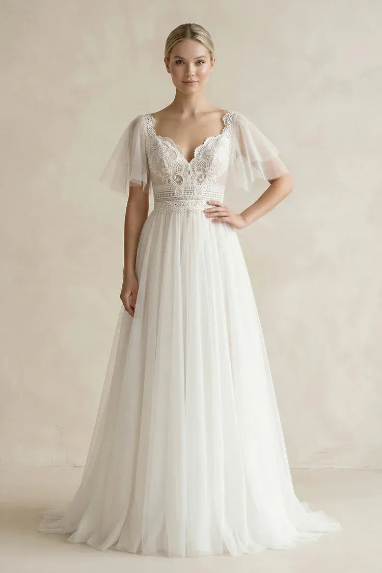 Modern Fashion Ball Gown V-Neck Lace A-Line Floor-Length Wedding Dress with Tulle Flutter Sleeves