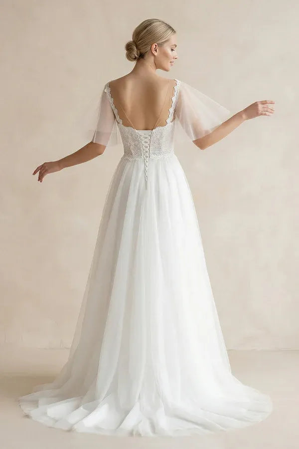 Modern Fashion Ball Gown V-Neck Lace A-Line Floor-Length Wedding Dress with Tulle Flutter Sleeves