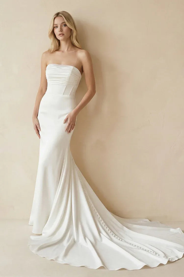 Modern Fashion Chapel Train Strapless Ruched Satin Mermaid Wedding Dress with Button Back
