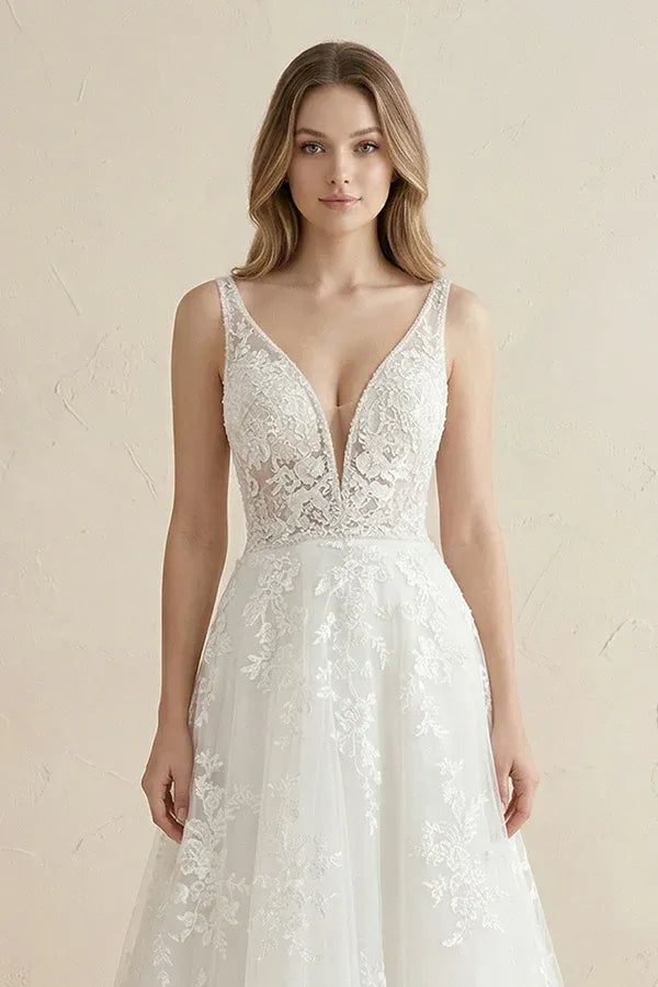 Modern Fashion Floor-Length  Ball Gown V-Neck Lace A-Line Wedding Dress with Floral Appliques