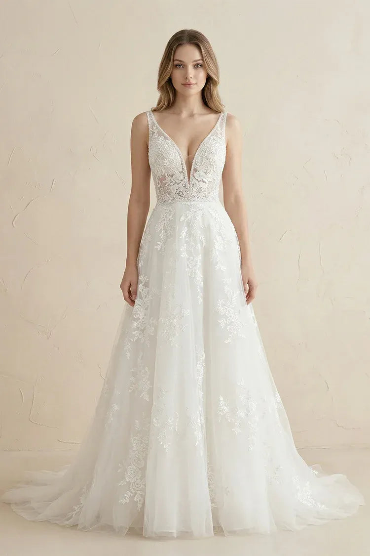 Modern Fashion Floor-Length  Ball Gown V-Neck Lace A-Line Wedding Dress with Floral Appliques