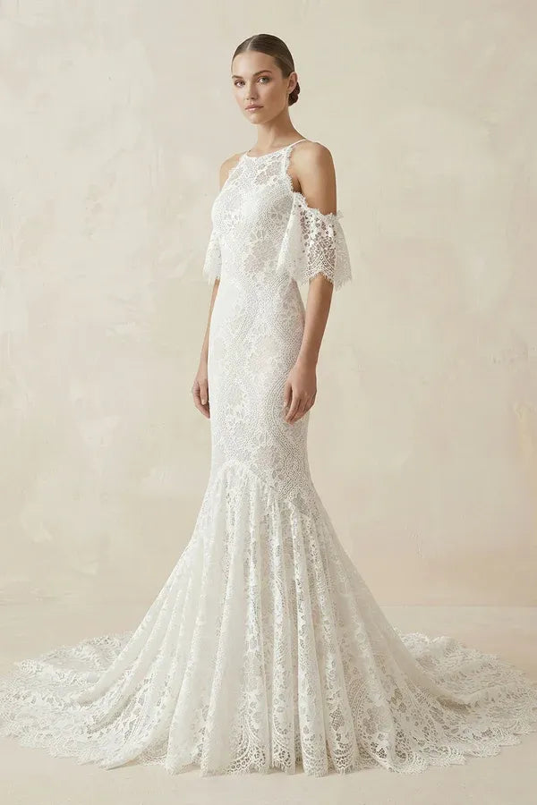 Modern Fashion Floor-Length Off-the-Shoulder Lace Mermaid Wedding Dress with Corset Back