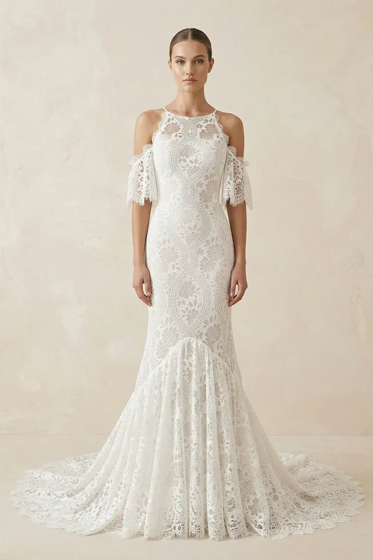 Modern Fashion Floor-Length Off-the-Shoulder Lace Mermaid Wedding Dress with Corset Back