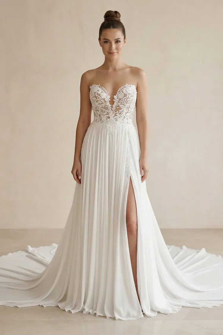 Modern Fashion Floor-Length Strapless Lace A-Line Wedding Dress with Plunging Neckline