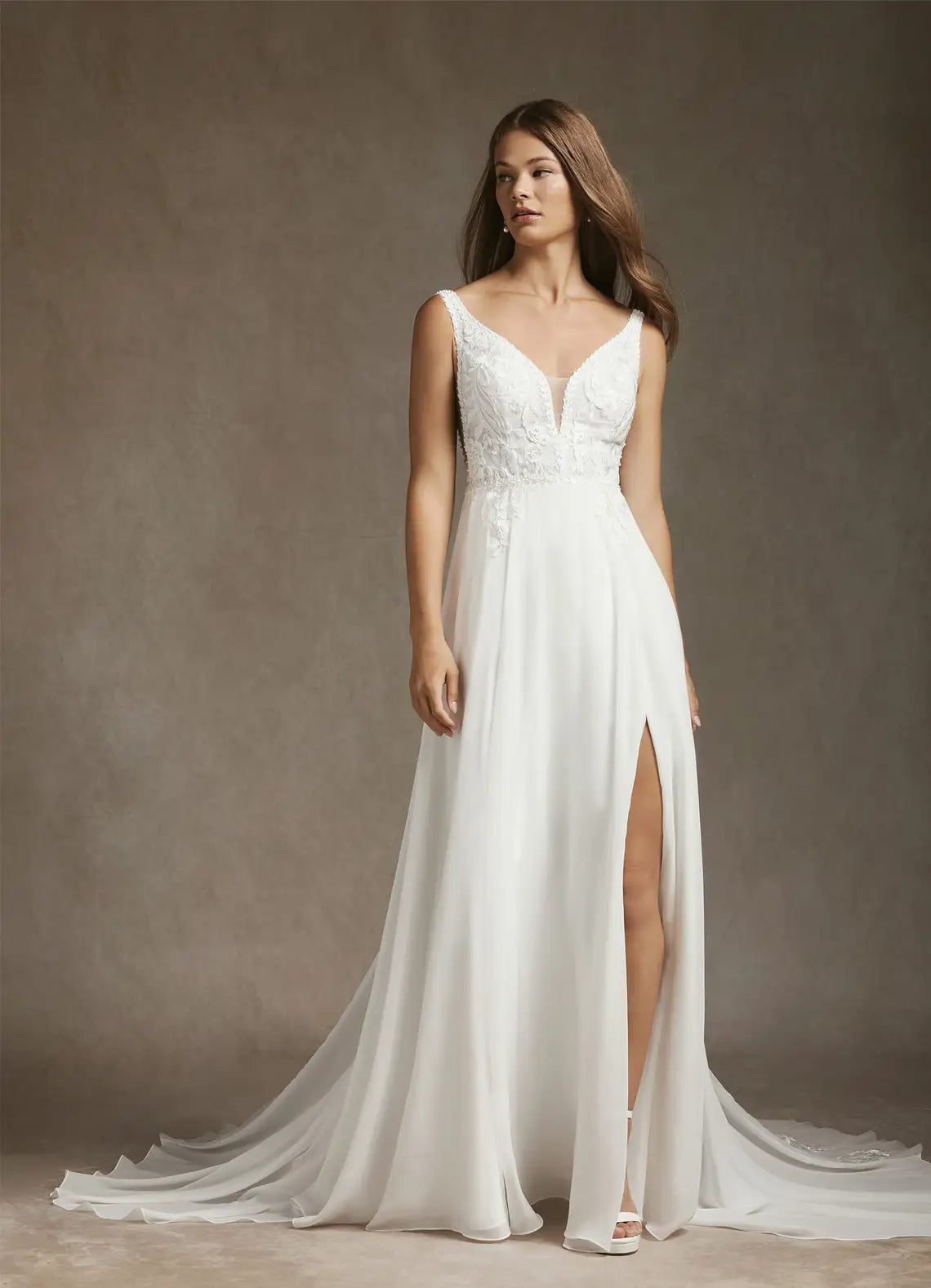 Modern Fashion Low V-back With Button Closure Lace & Chiffon A-Line Wedding Dress with V-Neck and High Slit