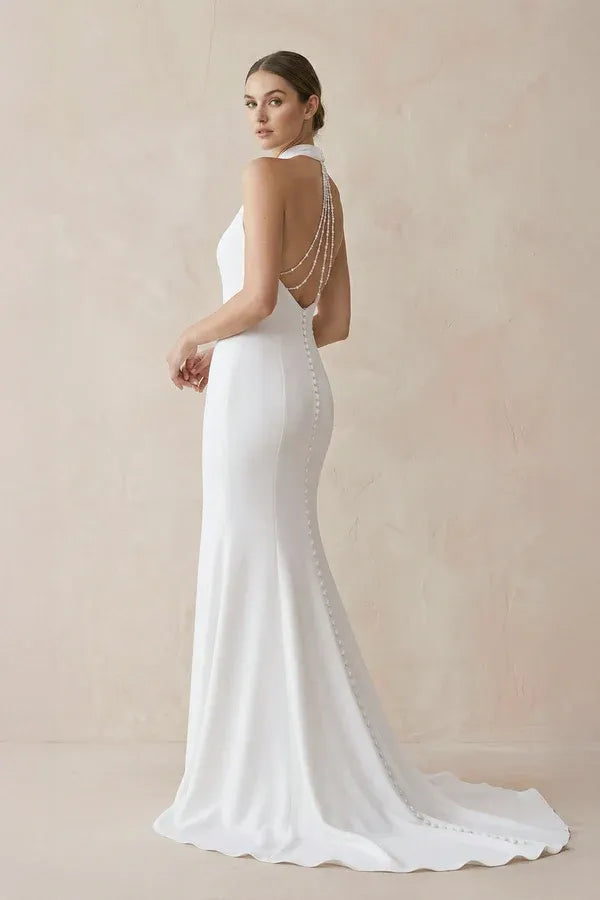 Modern Romantic High Neck Halter Mermaid Ankle-Length Trumpet Wedding Dress with Pearl Back Detail