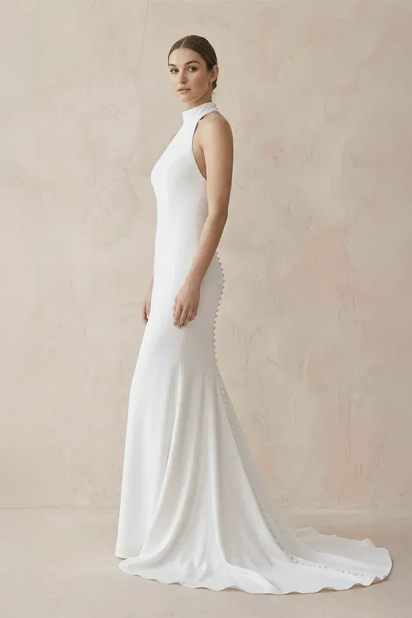 Modern Romantic High Neck Halter Mermaid Ankle-Length Trumpet Wedding Dress with Pearl Back Detail