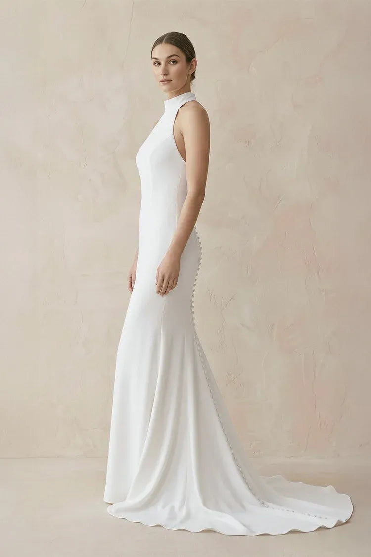 Modern Romantic High Neck Halter Mermaid Ankle-Length Trumpet Wedding Dress with Pearl Back Detail