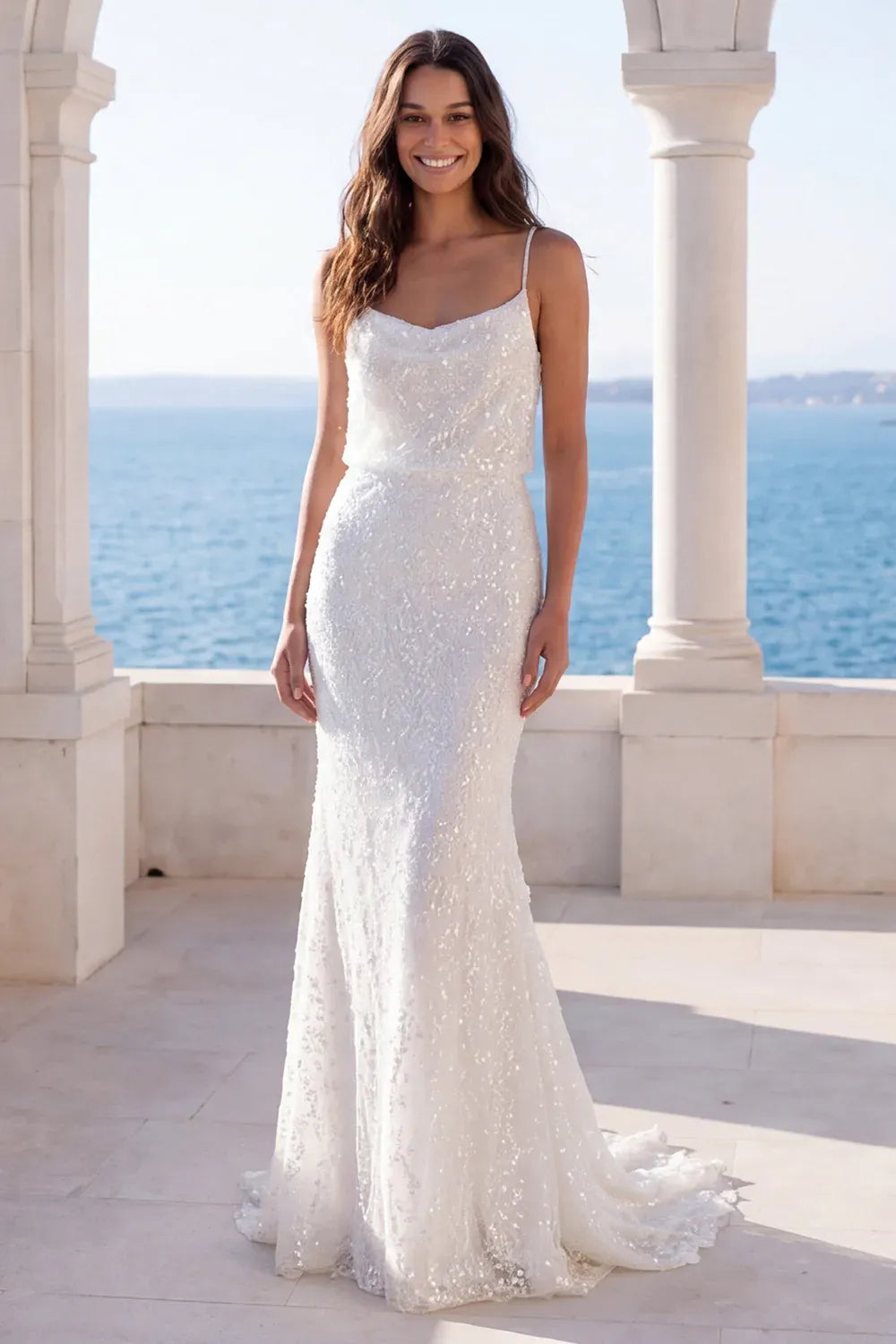 Modern Romantic Spaghetti Strap Cowl Neck Sequin Mermaid Floor-Length Sleeveless Wedding Dress