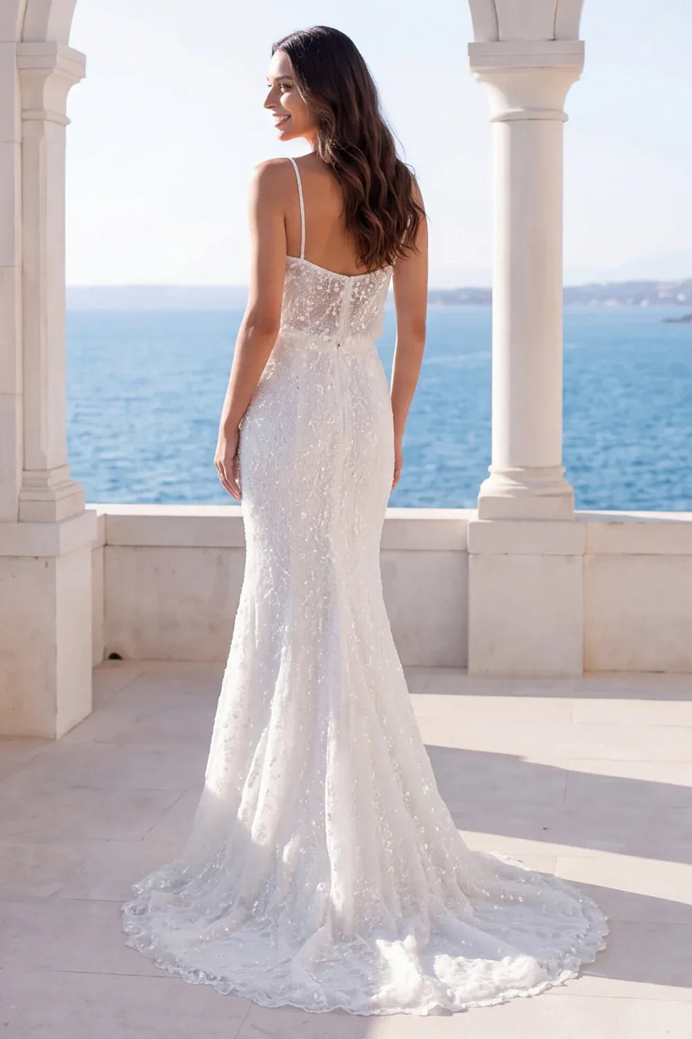 Modern Romantic Spaghetti Strap Cowl Neck Sequin Mermaid Floor-Length Sleeveless Wedding Dress