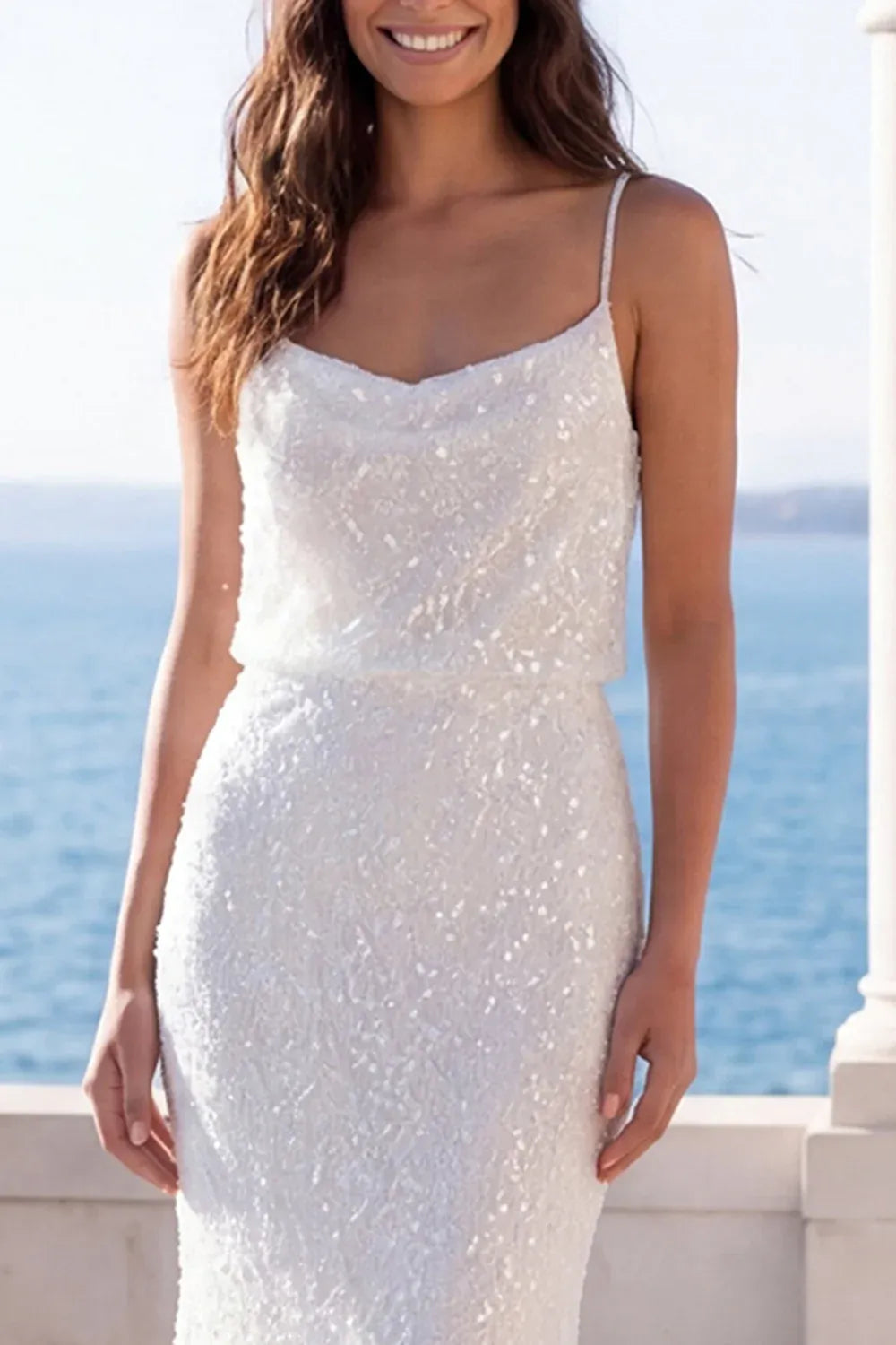 Modern Romantic Spaghetti Strap Cowl Neck Sequin Mermaid Floor-Length Sleeveless Wedding Dress