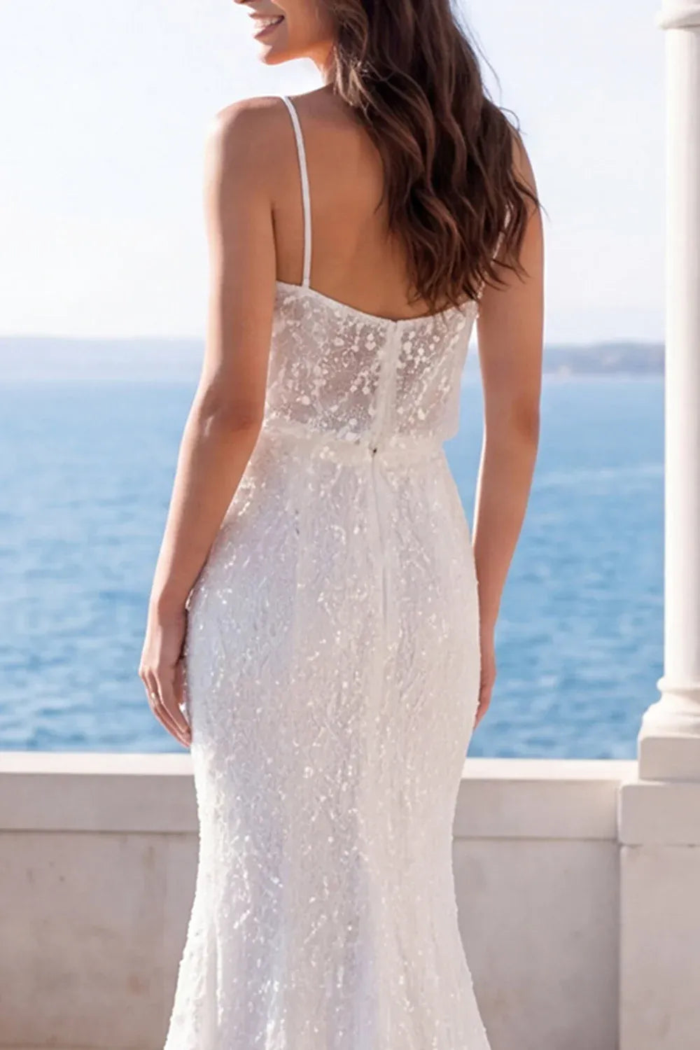Modern Romantic Spaghetti Strap Cowl Neck Sequin Mermaid Floor-Length Sleeveless Wedding Dress
