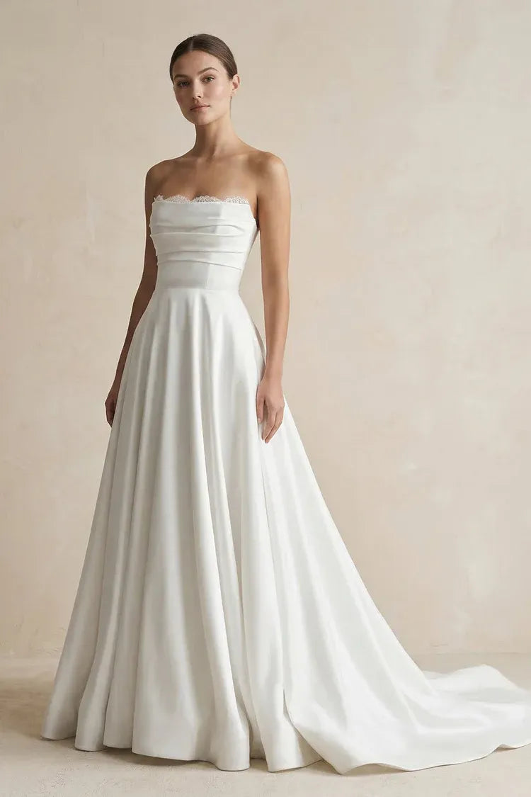 Modern Romantic Strapless Pleated Satin A-Line Ankle-Length Wedding Dress with Lace Corset Back