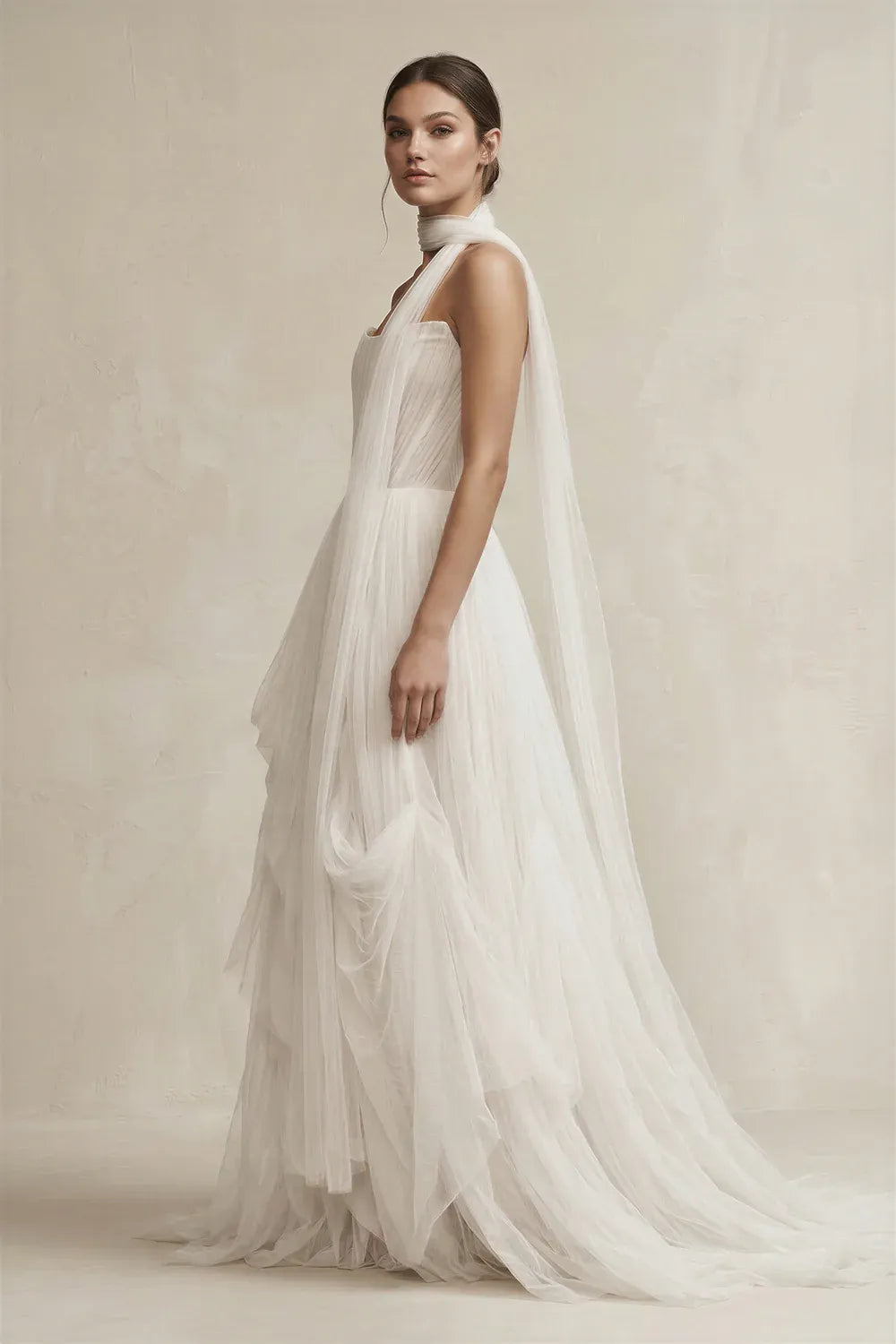 Modern Romantic Strapless Pleated Tulle A-Line Ankle-Length Wedding Dress with Choker Neck Sash