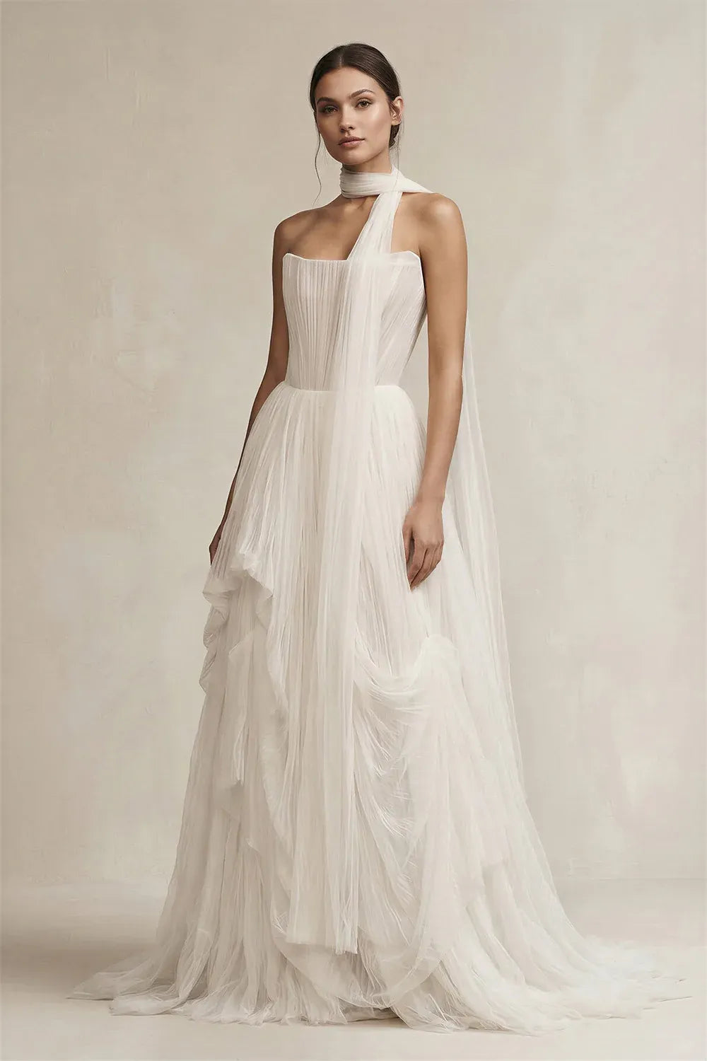 Modern Romantic Strapless Pleated Tulle A-Line Ankle-Length Wedding Dress with Choker Neck Sash