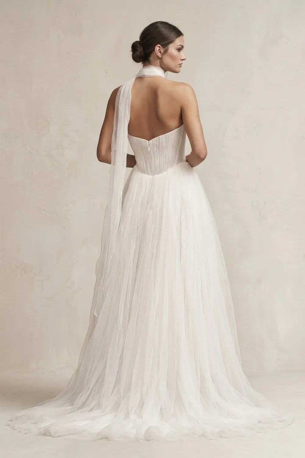 Modern Romantic Strapless Pleated Tulle A-Line Ankle-Length Wedding Dress with Choker Neck Sash